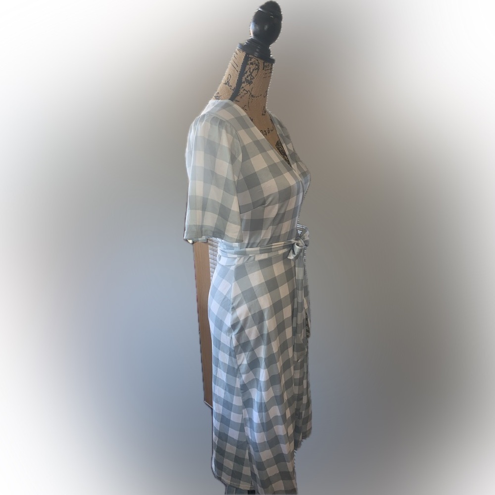 Cottagecore Seafoam Green White Gingham Plaid Flowy Wrap Midi Dress 4 Country - Picture 5 of 11